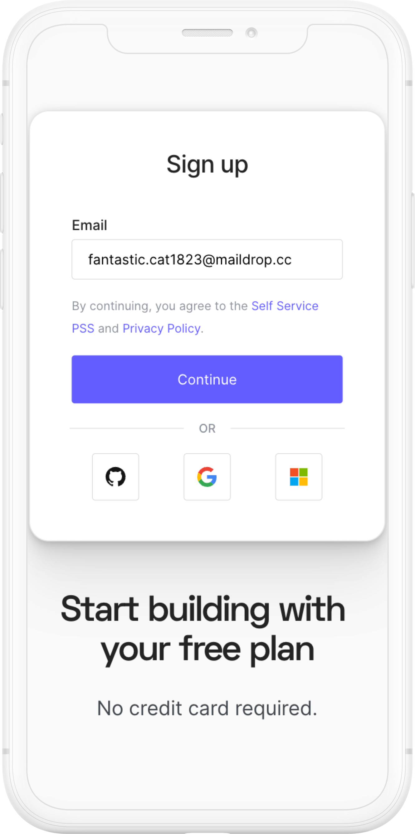 Phone with a signup screen